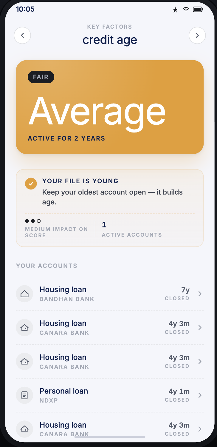 ScorePro credit age factor detail screen